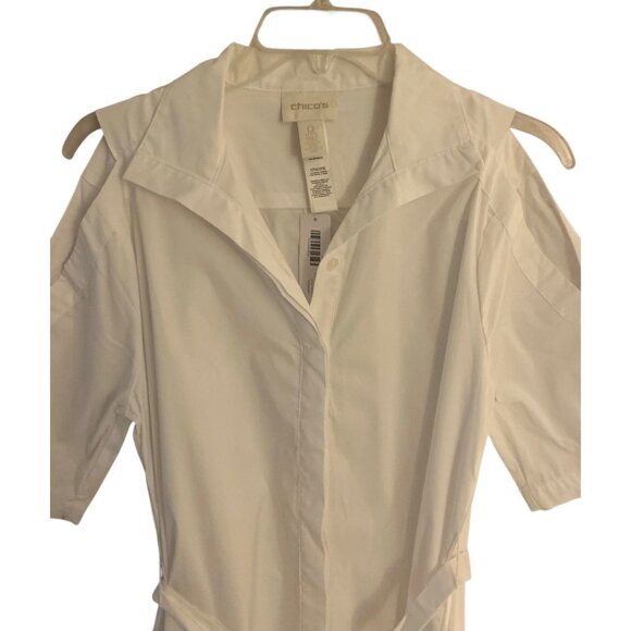 CHICO'S Solid White Cold Shoulder Sleeve Belted Women's Poplin Shirt NWT Size 0 - Picture 2 of 6